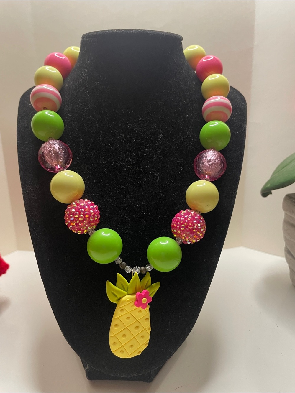 Playful Yellow Pineapple Pendant Necklace with Pink & Lime Beads